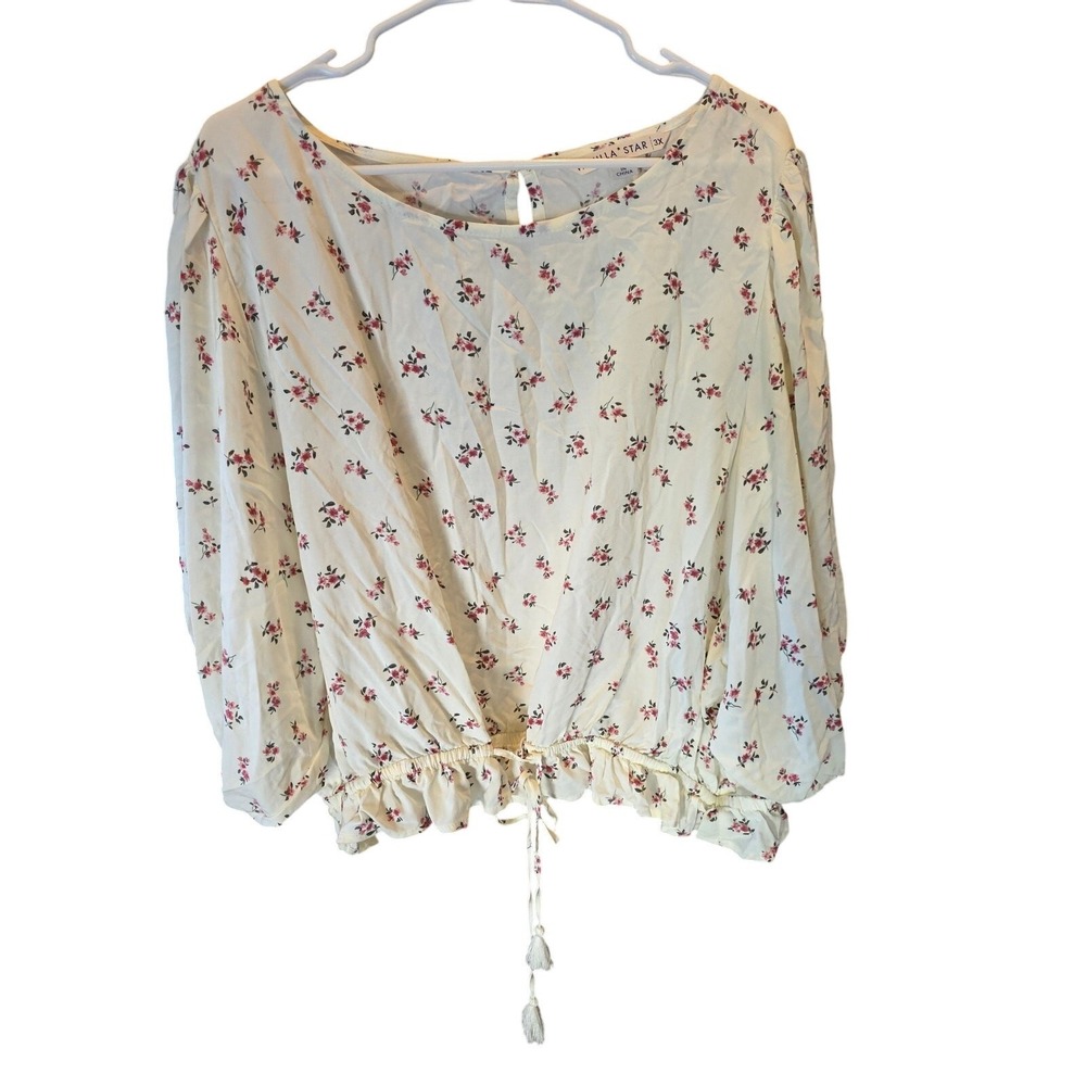 Vanilla Star Cottage Core Top 3x Womens Plus Size Tie Waist Cream Floral